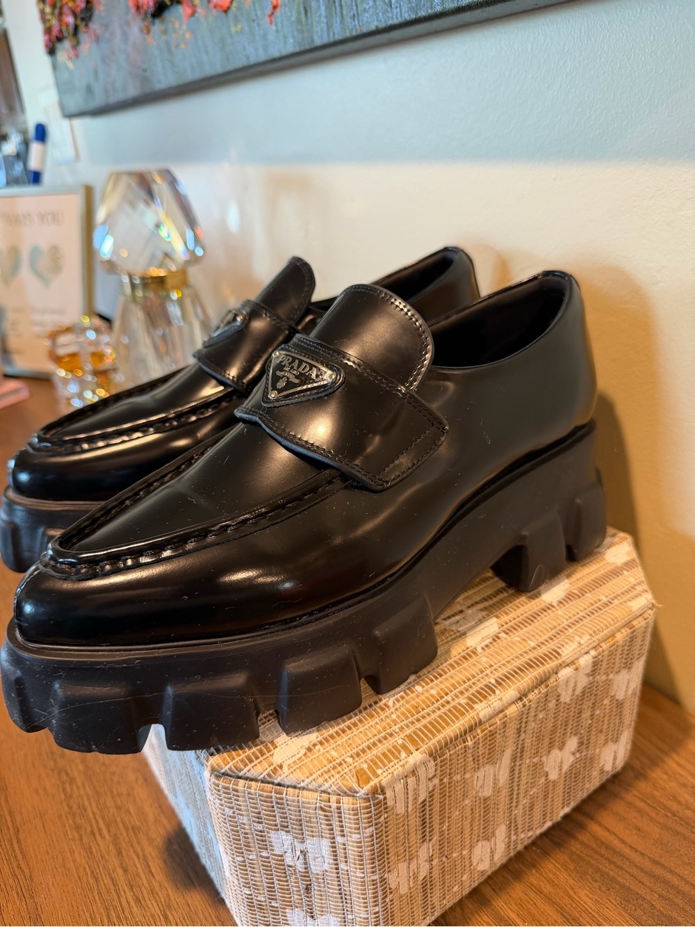 Prada Black Patent Leather Lug-Sole Slip-On Loafers - Picture 3 of 6
